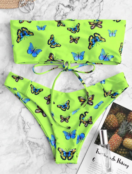 Butterfly Print Lace Up Bikini